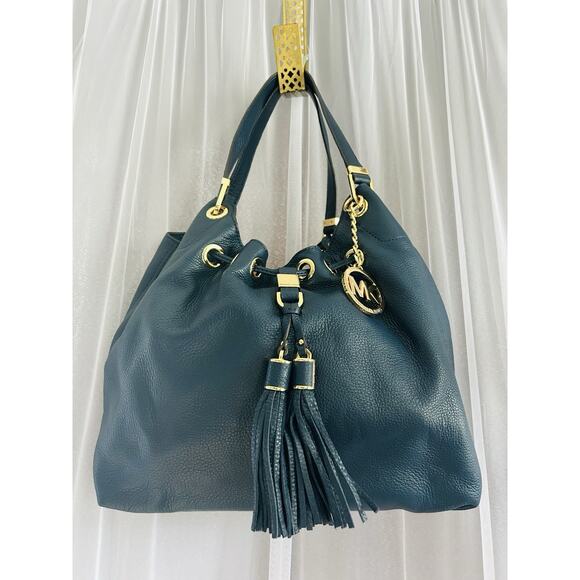 Michael Kors Navy Blue Camden Drawstring Leather Shoulder Bag Tassel Satchel MK - Picture 6 of 16